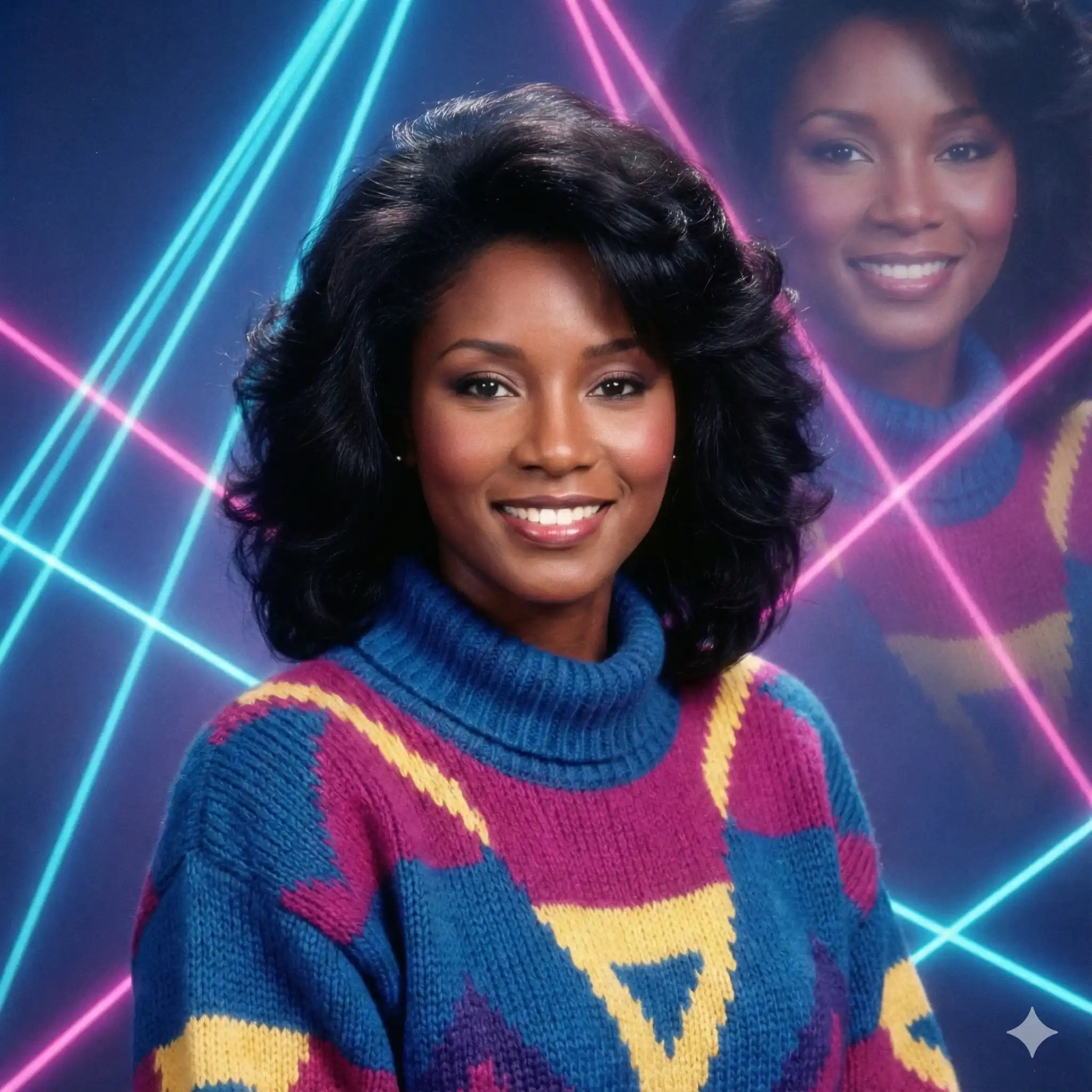 1980s mall photo transformation in Olan Mills style with laser background