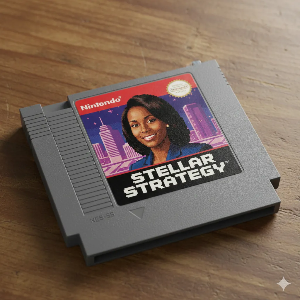 NES video game cartridge label transformation in 1980s 8-bit style