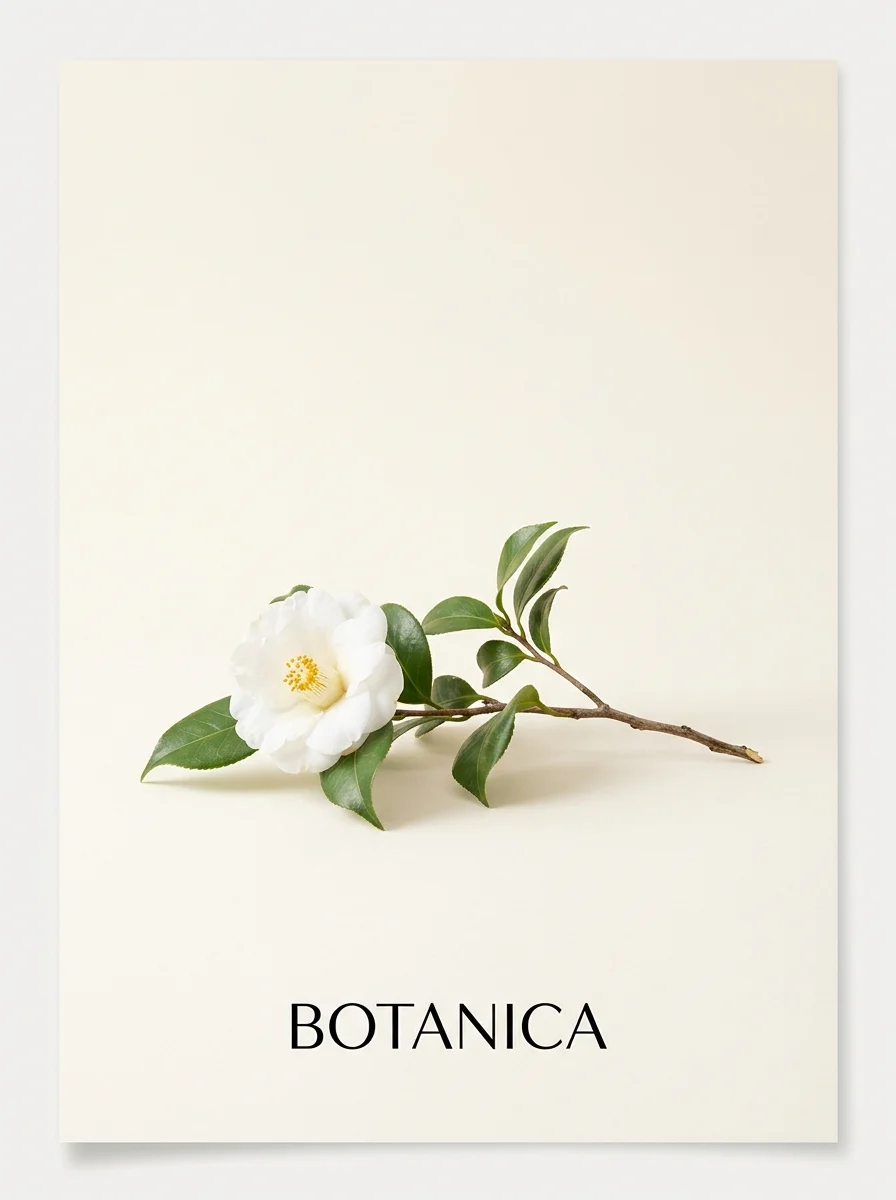 Minimalist Japanese botanical brand editorial poster on warm ivory