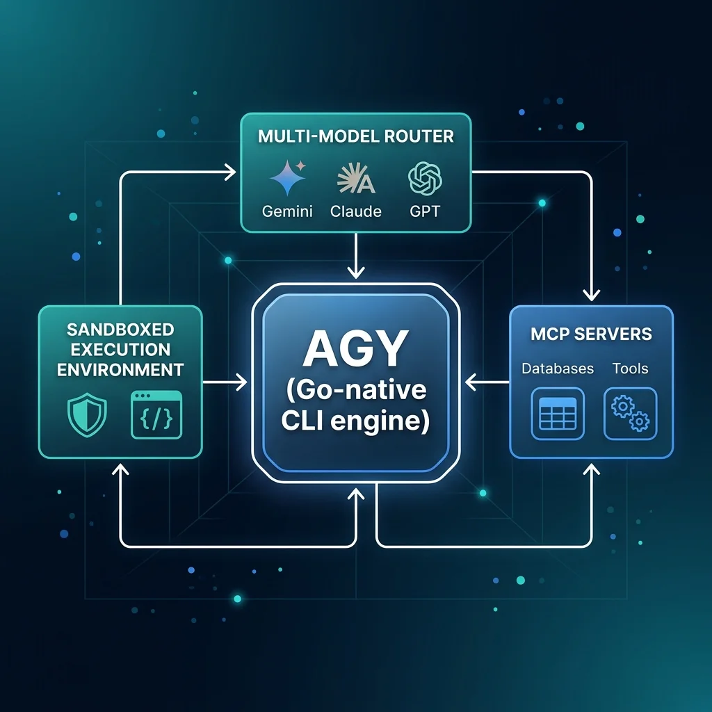Flat vector diagram illustrating the Antigravity CLI architecture multi-model router mcp servers and sandboxing