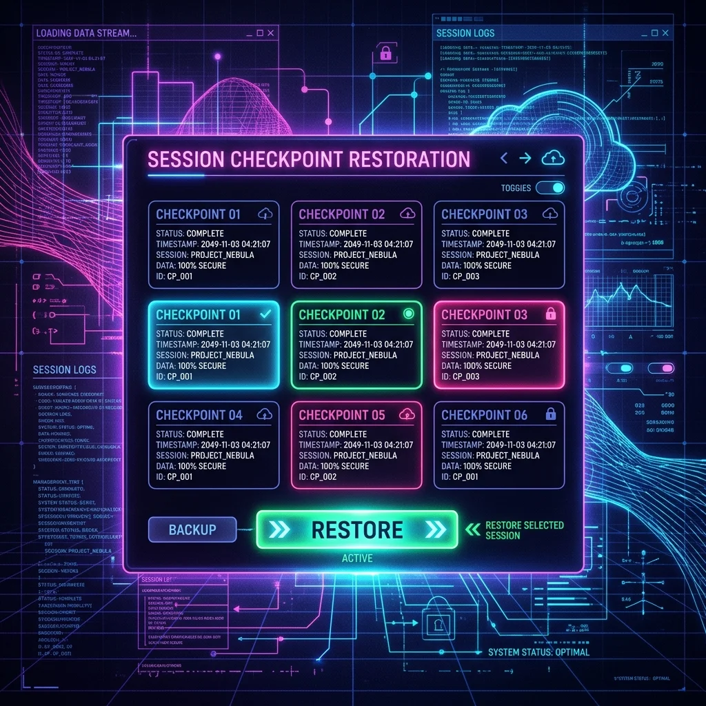Cyberpunk synthwave dashboard showcasing session checkpoint backups and restore node interface