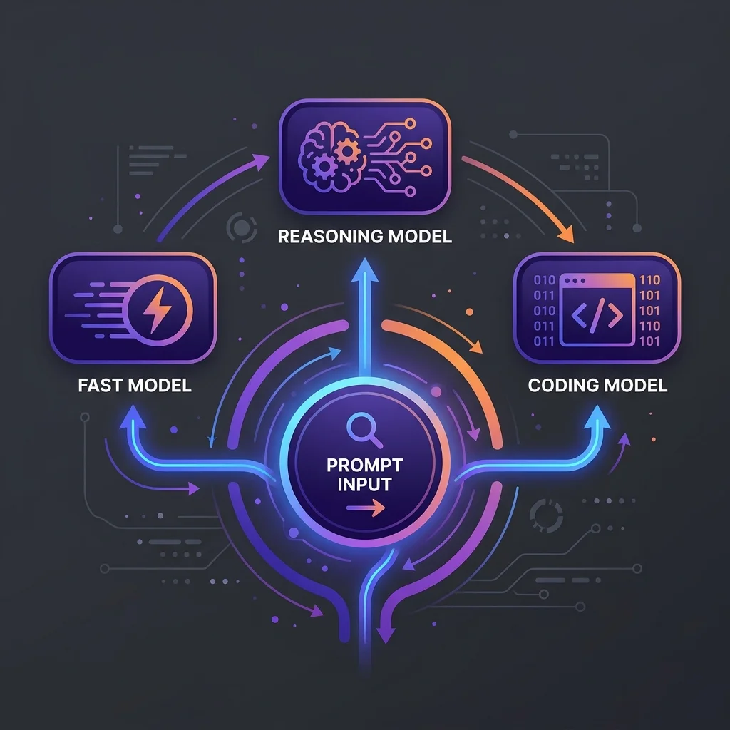 Flat vector flow diagram mapping prompt inputs to fast, reasoning, and coding models