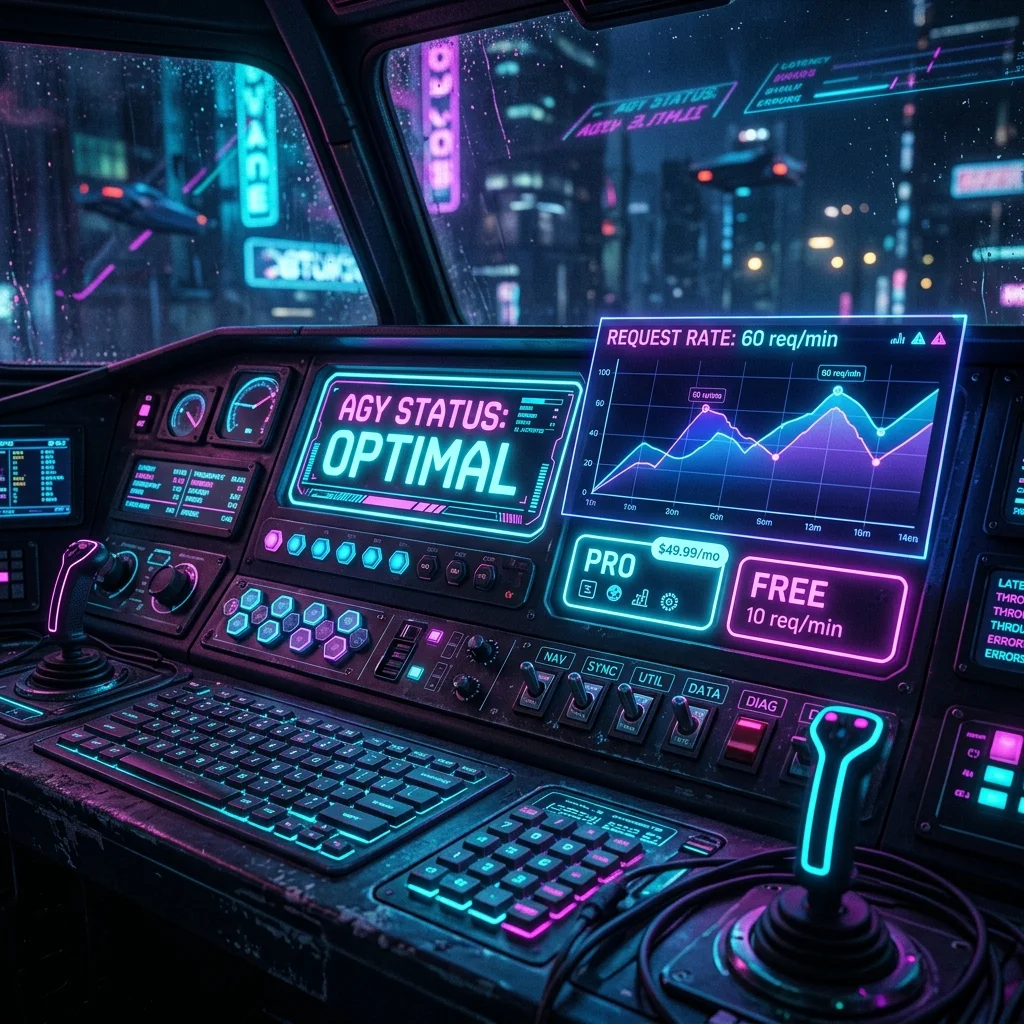 Cyberpunk style dashboard console tracking request rate statistics and subscription plans
